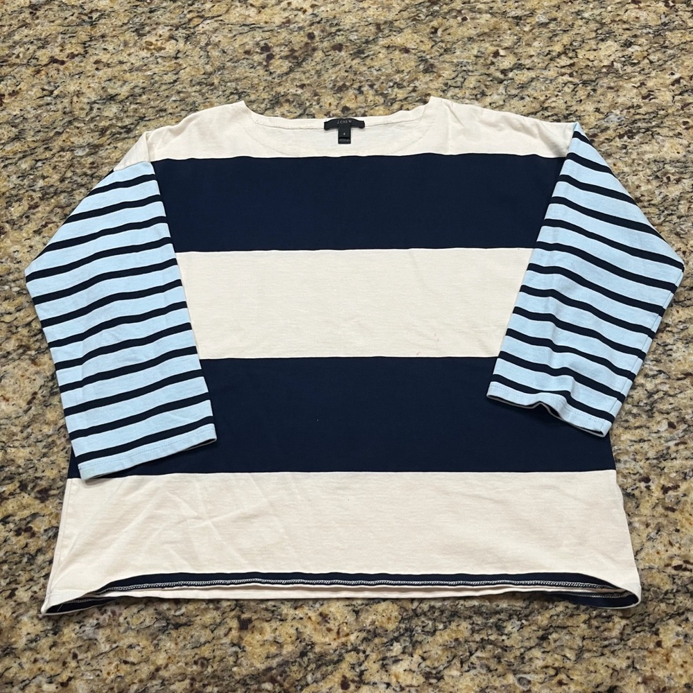 J.Crew Womens Striped Colorblock Boatneck T-Shirt‎ Navy Cream Light Blue Small